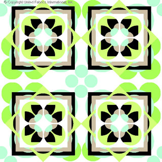 A geometric pattern with four circular floral designs in a diamond grid, framed by layered squares, and surrounded by scattered circles. BLACK/AQUA/LIME