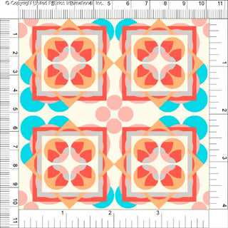 A geometric pattern with four circular floral designs in a diamond grid, framed by layered squares, and surrounded by scattered circles.