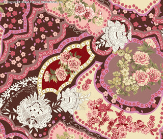 A floral pattern with large roses, smaller flowers, and intricate paisley shapes on a background with scalloped edges. MAROON/BLOSSOM