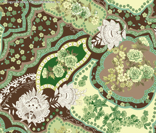 A floral pattern with large roses, smaller flowers, and intricate paisley shapes on a background with scalloped edges. PINECONE/FOAM GREEN