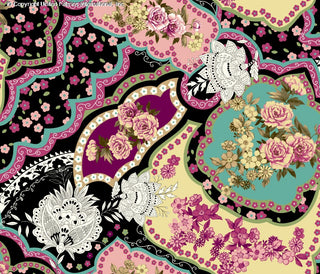 A floral pattern with large roses, smaller flowers, and intricate paisley shapes on a background with scalloped edges. B/PEACH