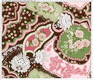 A floral pattern with large roses, smaller flowers, and intricate paisley shapes on a background with scalloped edges.