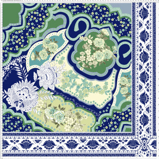 Intricate pattern with roses, small flowers, and paisley shapes, framed by a repeating floral border.