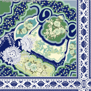 Intricate pattern with roses, small flowers, and paisley shapes, framed by a repeating floral border. AQUA/GREEN