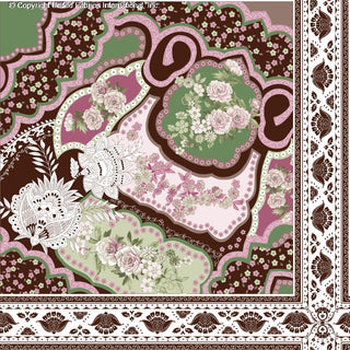Intricate pattern with roses, small flowers, and paisley shapes, framed by a repeating floral border. BROWN/PINK