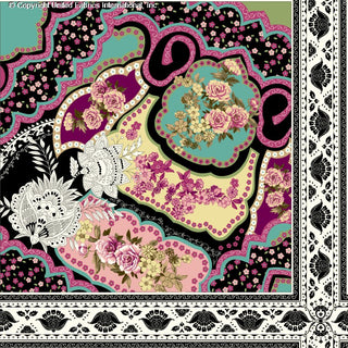 Intricate pattern with roses, small flowers, and paisley shapes, framed by a repeating floral border. B/PEACH