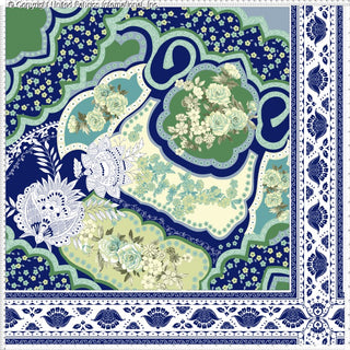 Intricate pattern with roses, small flowers, and paisley shapes, framed by a repeating floral border.