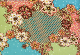 A floral pattern with large, stylized flowers, leaves, and vines on a patchwork background with dotted and geometric sections. CORAL/TEAL