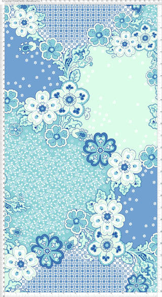 A floral pattern with large, stylized flowers, leaves, and vines on a patchwork background with dotted and geometric sections. BLUE