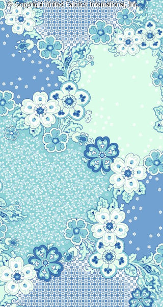 A floral pattern with large, stylized flowers, leaves, and vines on a patchwork background with dotted and geometric sections. BLUE
