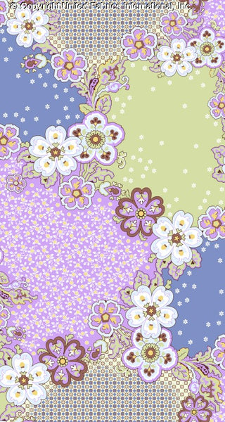 A floral pattern with large, stylized flowers, leaves, and vines on a patchwork background with dotted and geometric sections. LILAC/BLUE