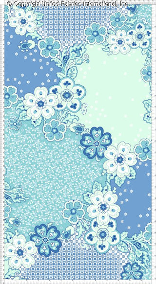A floral pattern with large, stylized flowers, leaves, and vines on a patchwork background with dotted and geometric sections.