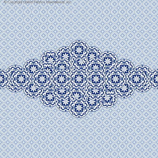 Intricate lace-like design with overlapping circular motifs and floral elements on a textured diamond grid background. NAVY/BLUE