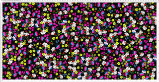 A dense floral pattern with small daisies and other flowers scattered on a background.