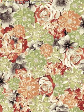 A dense floral pattern with overlapping roses, daisies, and other blooms in various sizes, creating a vibrant, textured design. BROWN/RUST/OLIVE