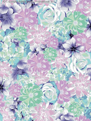 A dense floral pattern with overlapping roses, daisies, and other blooms in various sizes, creating a vibrant, textured design. PURPLE/TURQ/PINK