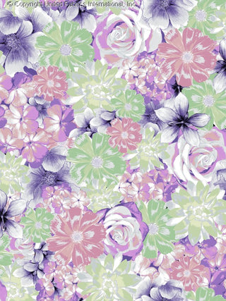A dense floral pattern with overlapping roses, daisies, and other blooms in various sizes, creating a vibrant, textured design. ROSE/MINT/PEACH