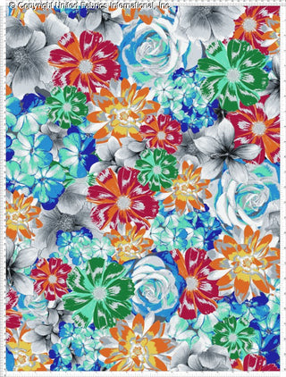 A dense floral pattern with overlapping roses, daisies, and other blooms in various sizes, creating a vibrant, textured design.