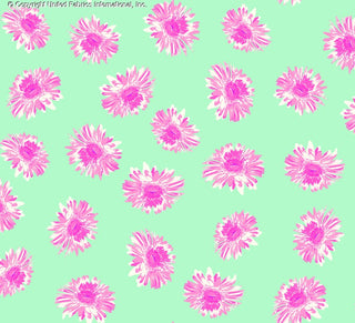 A repeating pattern of daisy flowers on a solid background, scattered evenly with slight rotations. MINT/HOT PINK/CREAM