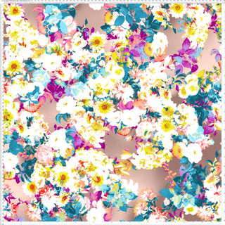 A vibrant floral pattern featuring daisies, roses, and peonies with leaves on a soft background.