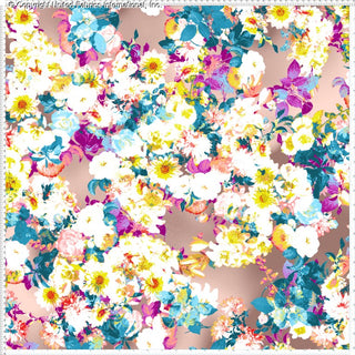 A vibrant floral pattern featuring daisies, roses, and peonies with leaves on a soft background.