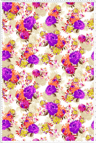 A floral pattern featuring large roses and smaller daisies scattered across a light background. FUCHSIA/RED/TAUPE