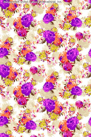 A floral pattern featuring large roses and smaller daisies scattered across a light background. FUCHSIA/RED/TAUPE