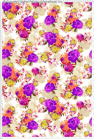 A floral pattern featuring large roses and smaller daisies scattered across a light background.