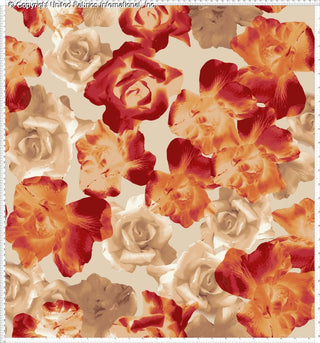 A floral pattern featuring large roses and orchids on a textured background.