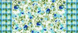 A floral print with scattered flowers and leaves, bordered by a checkered grid on both sides. BLUE/AQUA/GREEN
