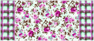 A floral print with scattered flowers and leaves, bordered by a checkered grid on both sides. BROWN/AZALEA/TURQ