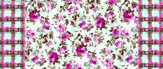A floral print with scattered flowers and leaves, bordered by a checkered grid on both sides. BROWN/AZALEA/TURQ