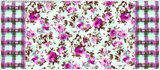 A floral print with scattered flowers and leaves, bordered by a checkered grid on both sides.