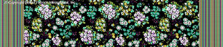 A detailed floral pattern featuring clusters of daisies and small flowers with leaves, set against a background, framed by intricate striped borders on both sides. BLACK/BLUE/YELLOW