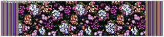 A detailed floral pattern featuring clusters of daisies and small flowers with leaves, set against a background, framed by intricate striped borders on both sides.