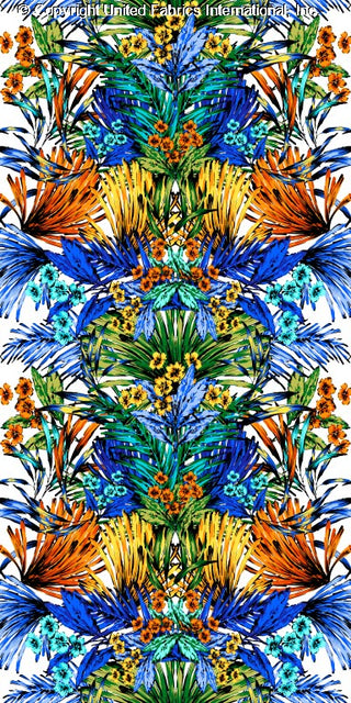 A floral pattern with large, bold flowers and smaller blooms scattered over a textured background. BLUE/ORANGE/TURQ