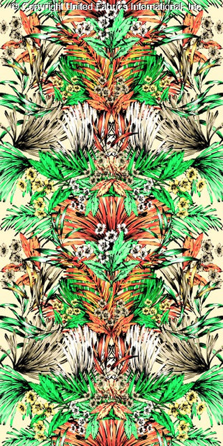 A floral pattern with large, bold flowers and smaller blooms scattered over a textured background. IVORY/JADE/CORAL