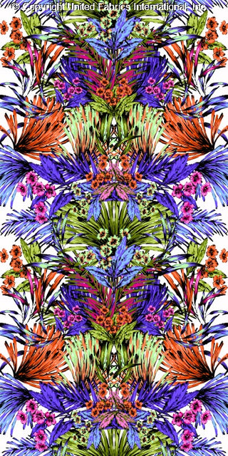 A floral pattern with large, bold flowers and smaller blooms scattered over a textured background. PERI/ORANGE/LIME
