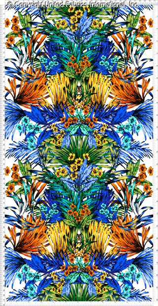 A floral pattern with large, bold flowers and smaller blooms scattered over a textured background.