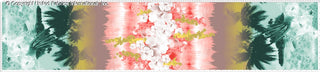 Pattern with palm tree silhouettes and hibiscus flowers on a watercolor background.