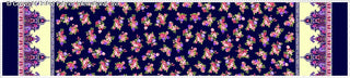 A floral print with small, scattered flowers across the fabric, framed by intricate, symmetrical paisley borders.