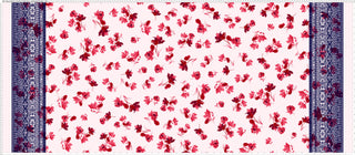 Scattered floral design with small flowers and leaves on a background, bordered by intricate geometric patterns.