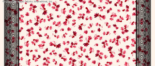Scattered floral design with small flowers and leaves on a background, bordered by intricate geometric patterns. PINK/RED/BLACK
