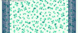Scattered floral design with small flowers and leaves on a background, bordered by intricate geometric patterns. AQUA/MINT/NAVY