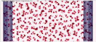 Scattered floral design with small flowers and leaves on a background, bordered by intricate geometric patterns.