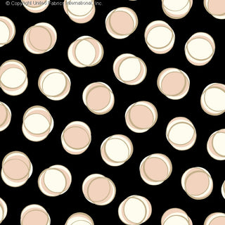 A repeating pattern of overlapping circles in three sizes with thin outlines, on a solid background. BLACK/BLUSH/IVORY