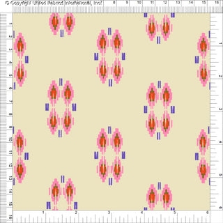 A repeating geometric design with diamond shapes, each containing a central motif, flanked by vertical bars.