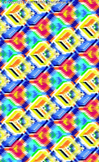 A repeating geometric pattern of interlocking, angular shapes resembling a woven or zigzag design with a 3D effect. ROYAL/RED/YELLOW