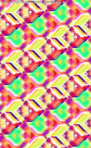 A repeating geometric pattern of interlocking, angular shapes resembling a woven or zigzag design with a 3D effect. CORAL/PINK/AQUA