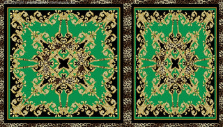 Intricate baroque-style pattern with swirling floral designs and a leopard print border on a square fabric. BLACK/JADE/GOLD